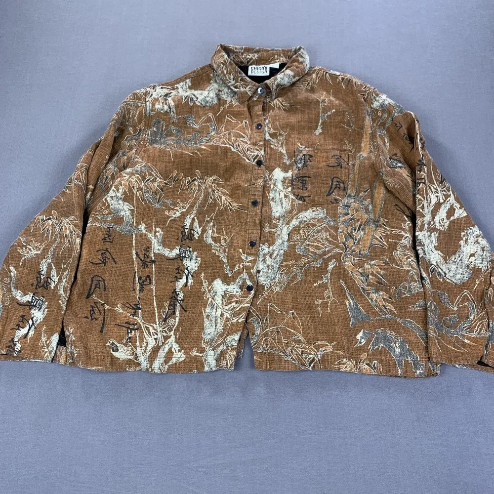 Chicos Design Shirt Womens Sz 3 / XXL Brown Linen Asian Print Button Front Top - Picture 2 of 13